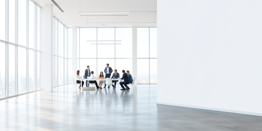 现代办公环境中的商务团队，四名员工正在会议室讨论电商项目，白色背景，明亮灯光