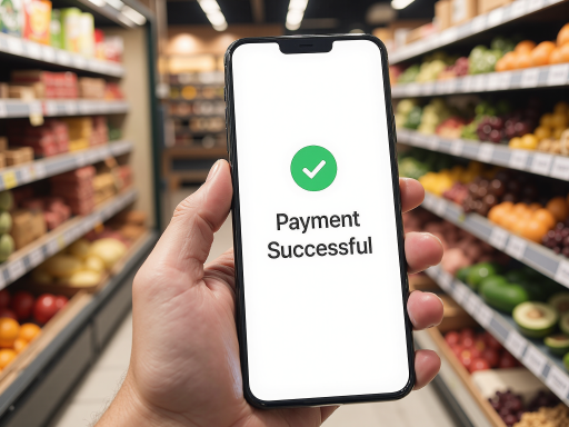 移动支付界面示意图，显示二维码和支付金额，绿色主题背景