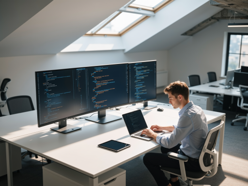 技术支持工程师在办公室工作，面前有多台显示器显示代码和系统监控界面